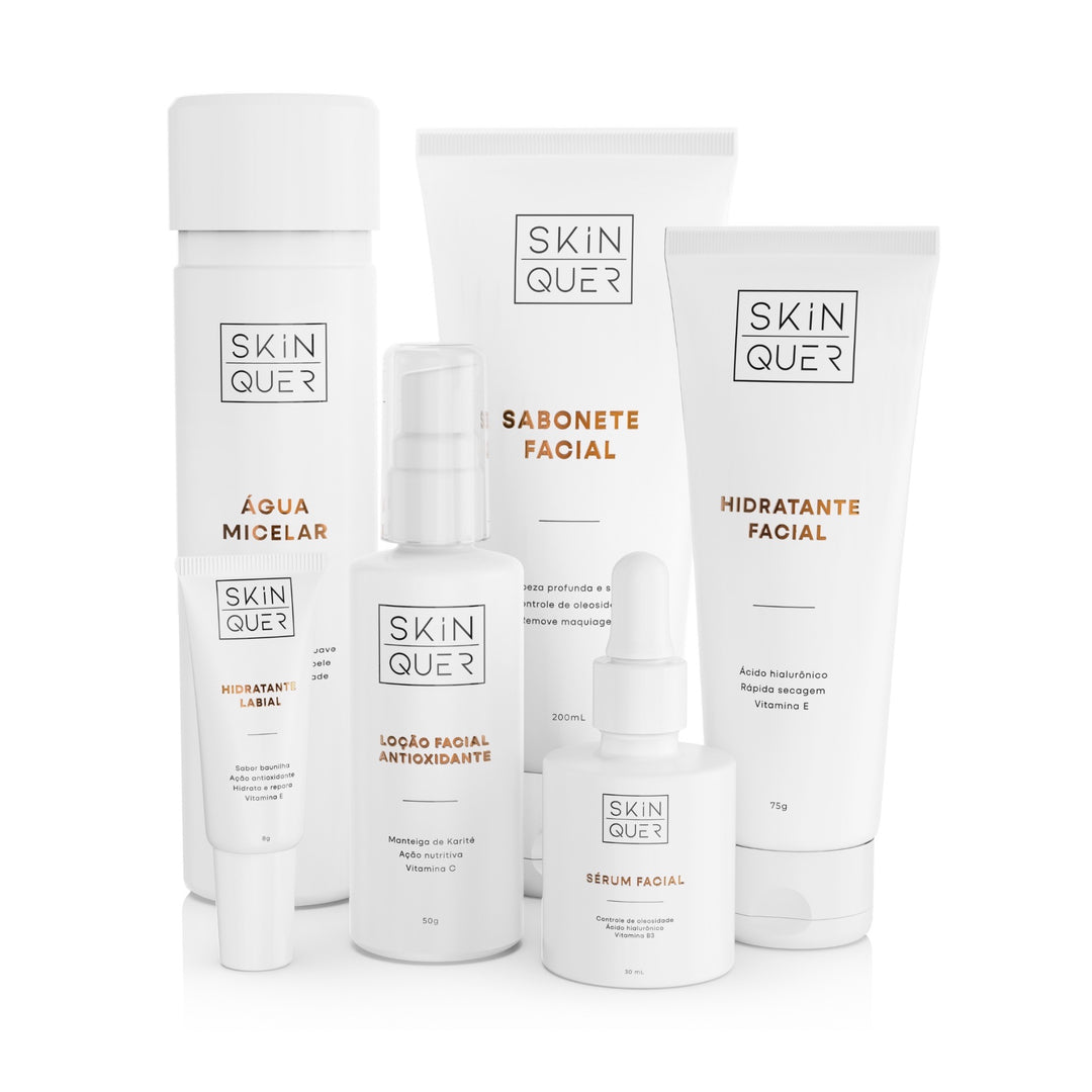 Kit skincare rotina completa com 6 produtos para cuidados com a pele: Sabonete Facial, Água Micelar, Loção Facial Antioxidante, Sérum Facial, Hidratante Facial e Hidratante Labial