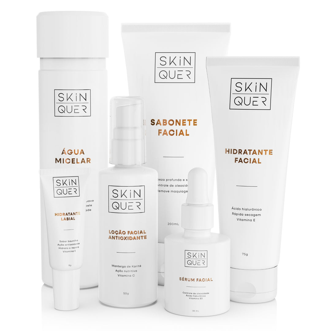Kit skincare rotina completa com 6 produtos para cuidados com a pele: Sabonete Facial, Água Micelar, Loção Facial Antioxidante, Sérum Facial, Hidratante Facial e Hidratante Labial